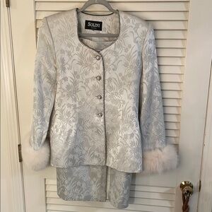 Solini Silver Brocade Jacket and Skirt Set with Sparkling Button Down & Trim